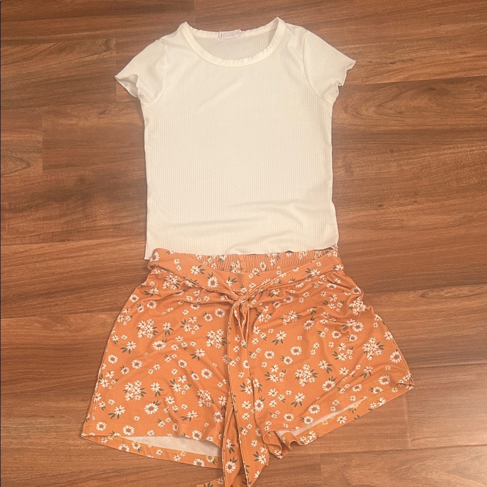 Beautees Kids High Waist Floral Set in White and Orange